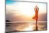 Silhouette Young Woman Practicing Yoga on the Beach at Sunset-De Visu-Mounted Photographic Print