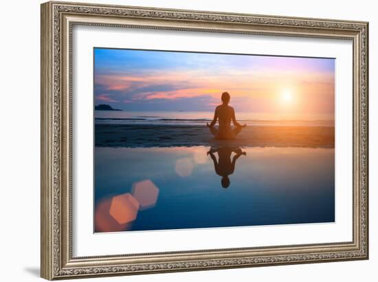 Silhouette Young Woman Practicing Yoga on the Beach at Sunset-De Visu-Framed Photographic Print