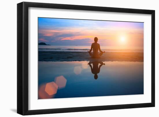 Silhouette Young Woman Practicing Yoga on the Beach at Sunset-De Visu-Framed Photographic Print