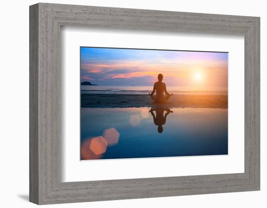 Silhouette Young Woman Practicing Yoga on the Beach at Sunset-De Visu-Framed Photographic Print