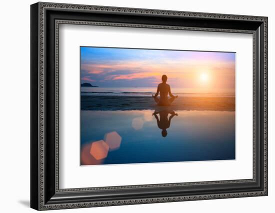 Silhouette Young Woman Practicing Yoga on the Beach at Sunset-De Visu-Framed Photographic Print