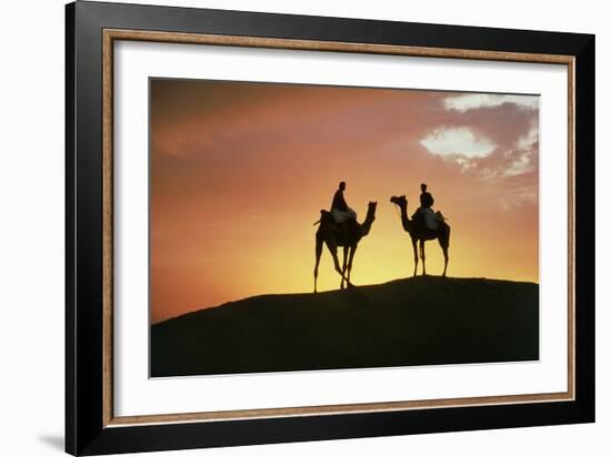 Silhouetted Camel Riders on a Sand Dune At Sunset-Tony Craddock-Framed Photographic Print