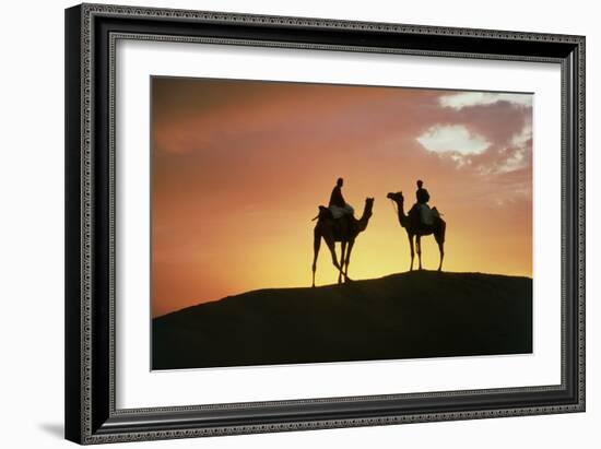 Silhouetted Camel Riders on a Sand Dune At Sunset-Tony Craddock-Framed Photographic Print