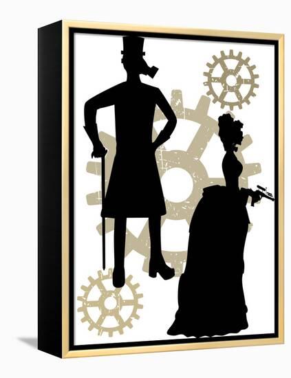 Silhouettes Of Steampunk Neo Victorians Accented By Grungy Gear-mheld-Framed Stretched Canvas