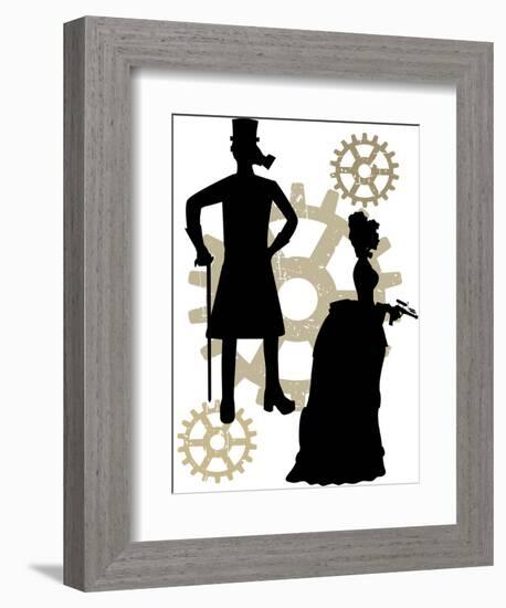 Silhouettes Of Steampunk Neo Victorians Accented By Grungy Gear-mheld-Framed Premium Giclee Print