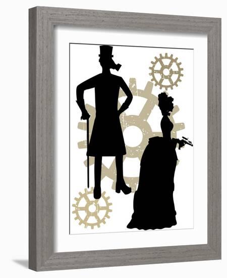 Silhouettes Of Steampunk Neo Victorians Accented By Grungy Gear-mheld-Framed Art Print