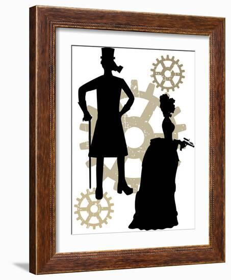 Silhouettes Of Steampunk Neo Victorians Accented By Grungy Gear-mheld-Framed Art Print