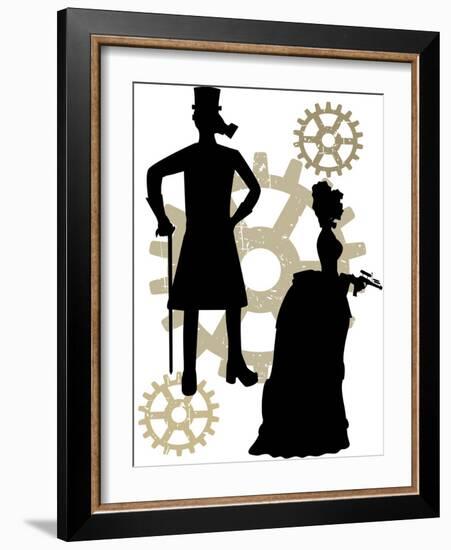 Silhouettes Of Steampunk Neo Victorians Accented By Grungy Gear-mheld-Framed Art Print