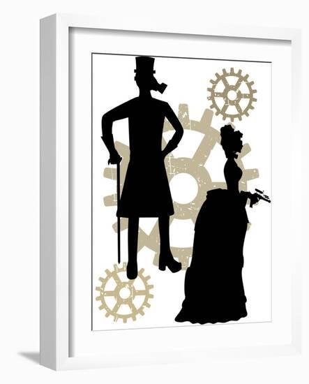 Silhouettes Of Steampunk Neo Victorians Accented By Grungy Gear-mheld-Framed Art Print