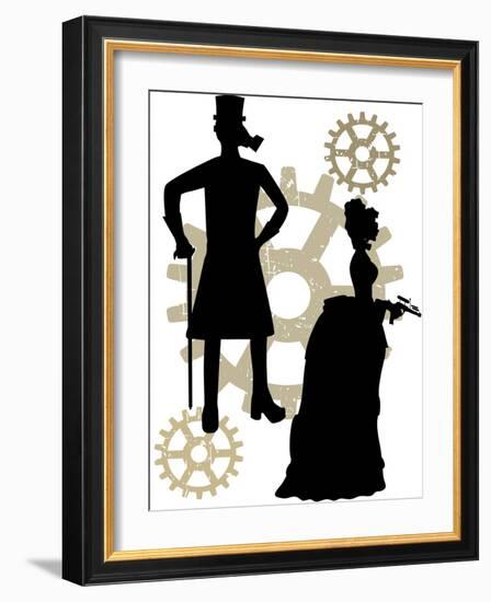 Silhouettes Of Steampunk Neo Victorians Accented By Grungy Gear-mheld-Framed Art Print