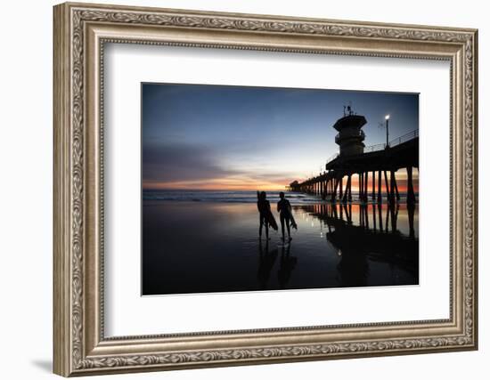 Silhouettes of surfers at Huntington Beach Pier at sunset, California, USA-Panoramic Images-Framed Photographic Print