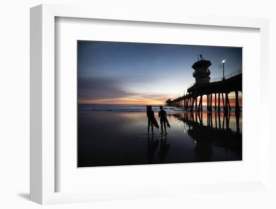 Silhouettes of surfers at Huntington Beach Pier at sunset, California, USA-Panoramic Images-Framed Photographic Print