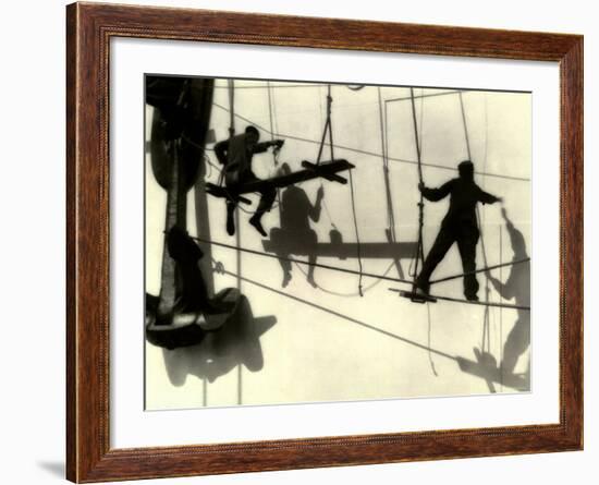 Silhouettes of Workers Using Rope Rigging to Clean and Paint the Side of a Ship-J^ Kauffmann-Framed Photographic Print