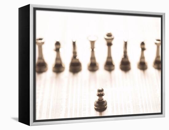 Silver Pawn on Newspaper Stock Market Report with Line of Chess Pieces-null-Framed Premier Image Canvas