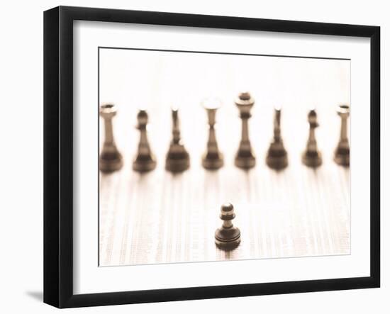 Silver Pawn on Newspaper Stock Market Report with Line of Chess Pieces-null-Framed Photographic Print