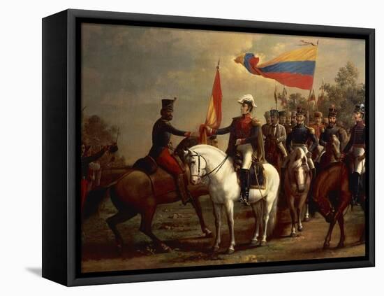 Simon Bolivar Honoring the Flag after Battle of Carabobo, June 24, 1821-Arturo Michelena-Framed Premier Image Canvas