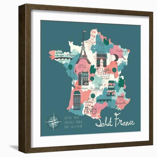 Simple Cartooned Map of France with Legend Icons-Lavandaart-Framed Art Print