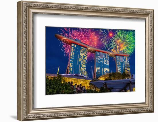 Singapore. Night fireworks over Marina Bay Sands Hotel to celebrate independence.-Jaynes Gallery-Framed Photographic Print