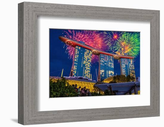 Singapore. Night fireworks over Marina Bay Sands Hotel to celebrate independence.-Jaynes Gallery-Framed Photographic Print