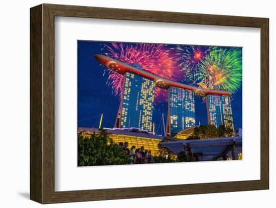 Singapore. Night fireworks over Marina Bay Sands Hotel to celebrate independence.-Jaynes Gallery-Framed Photographic Print