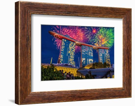 Singapore. Night fireworks over Marina Bay Sands Hotel to celebrate independence.-Jaynes Gallery-Framed Photographic Print