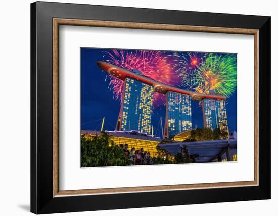 Singapore. Night fireworks over Marina Bay Sands Hotel to celebrate independence.-Jaynes Gallery-Framed Photographic Print