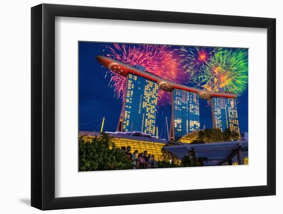 Singapore. Night fireworks over Marina Bay Sands Hotel to celebrate independence.-Jaynes Gallery-Framed Photographic Print