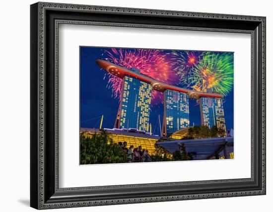 Singapore. Night fireworks over Marina Bay Sands Hotel to celebrate independence.-Jaynes Gallery-Framed Photographic Print