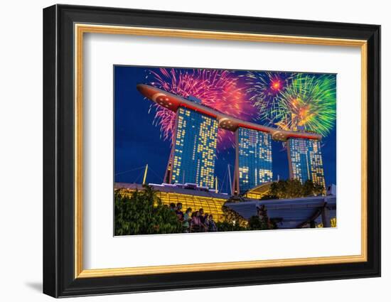 Singapore. Night fireworks over Marina Bay Sands Hotel to celebrate independence.-Jaynes Gallery-Framed Photographic Print