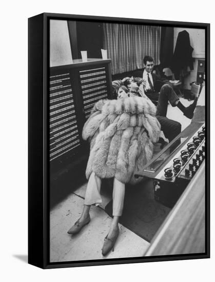 Singer Barbra Streisand in Silver Fox Fur Coat, Listening Intently to Playback of Her Recordings-Bill Eppridge-Framed Premier Image Canvas