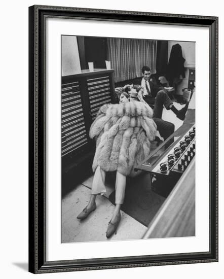 Singer Barbra Streisand in Silver Fox Fur Coat, Listening Intently to Playback of Her Recordings-Bill Eppridge-Framed Premium Photographic Print