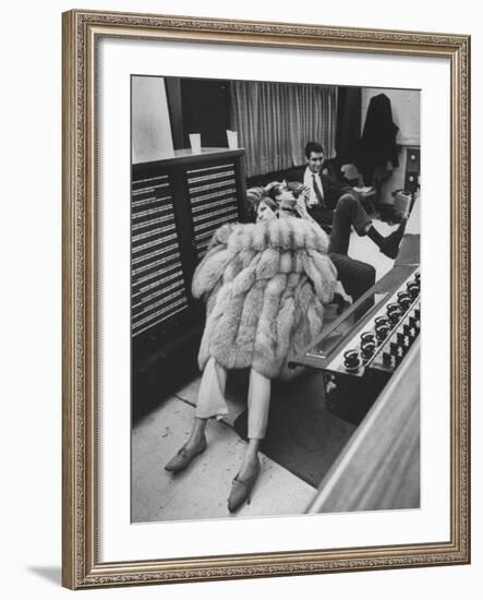 Singer Barbra Streisand in Silver Fox Fur Coat, Listening Intently to Playback of Her Recordings-Bill Eppridge-Framed Premium Photographic Print