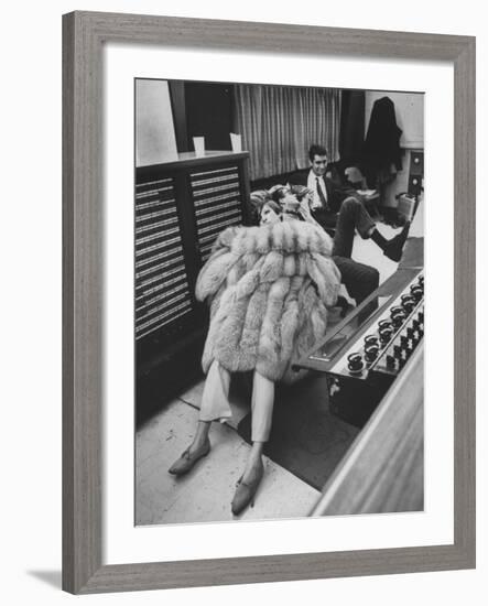 Singer Barbra Streisand in Silver Fox Fur Coat, Listening Intently to Playback of Her Recordings-Bill Eppridge-Framed Premium Photographic Print