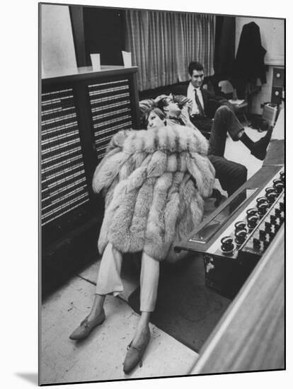 Singer Barbra Streisand in Silver Fox Fur Coat, Listening Intently to Playback of Her Recordings-Bill Eppridge-Mounted Premium Photographic Print