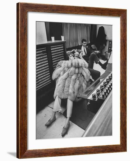 Singer Barbra Streisand in Silver Fox Fur Coat, Listening Intently to Playback of Her Recordings-Bill Eppridge-Framed Premium Photographic Print