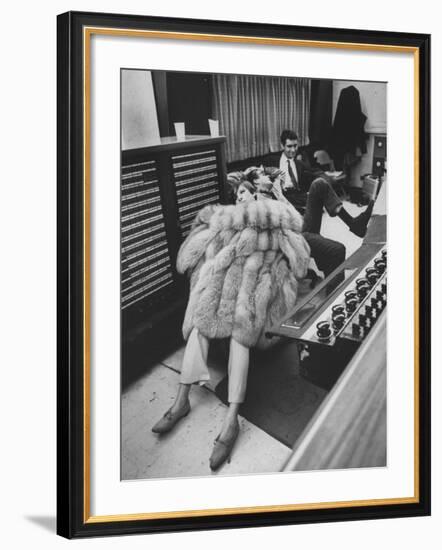 Singer Barbra Streisand in Silver Fox Fur Coat, Listening Intently to Playback of Her Recordings-Bill Eppridge-Framed Premium Photographic Print