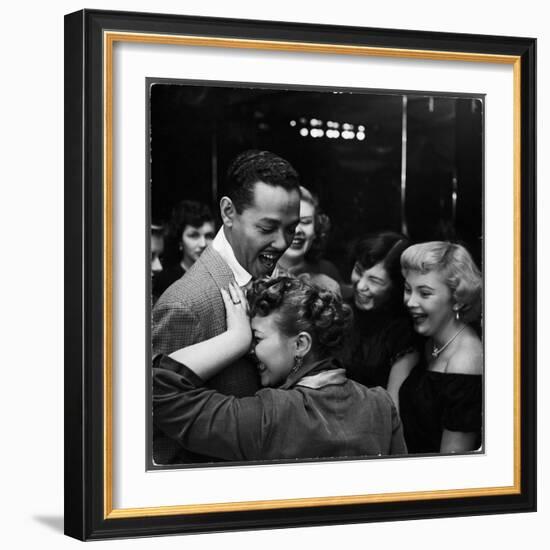 Singer Billy Eckstine Getting a Hug From an Adoring Female After His Show at Bop City-Martha Holmes-Framed Premium Photographic Print