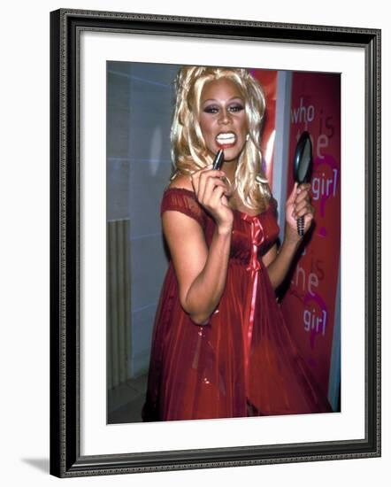 Singer Drag Queen Rupaul Wearing Red Teddy While Checking Lipstick at Event-Dave Allocca-Framed Premium Photographic Print