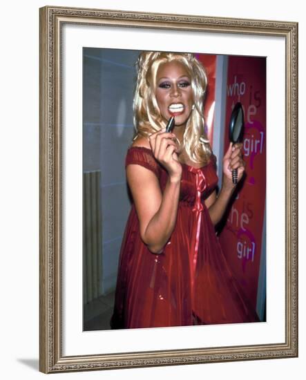 Singer Drag Queen Rupaul Wearing Red Teddy While Checking Lipstick at Event-Dave Allocca-Framed Premium Photographic Print