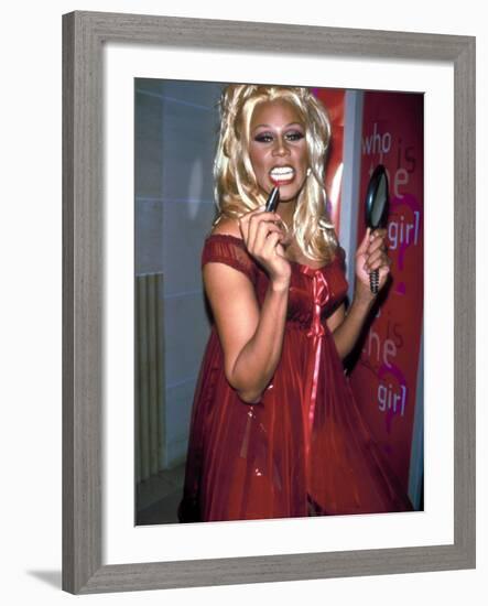 Singer Drag Queen Rupaul Wearing Red Teddy While Checking Lipstick at Event-Dave Allocca-Framed Premium Photographic Print