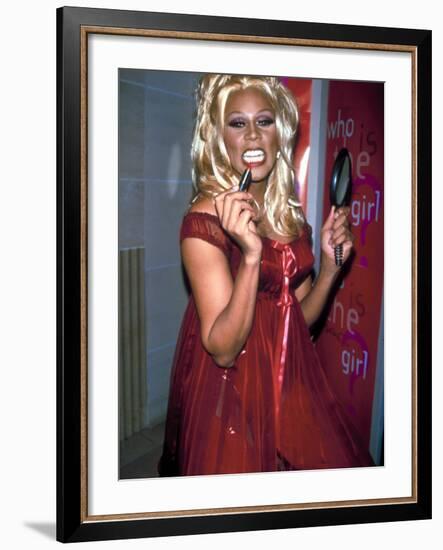 Singer Drag Queen Rupaul Wearing Red Teddy While Checking Lipstick at Event-Dave Allocca-Framed Premium Photographic Print