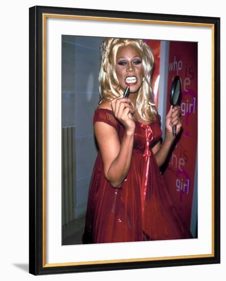 Singer Drag Queen Rupaul Wearing Red Teddy While Checking Lipstick at Event-Dave Allocca-Framed Premium Photographic Print