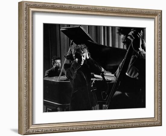 Singer Edith Piaf Holding Her Hands to Her Head While Performing with Pianist and Bass Player-Gjon Mili-Framed Premium Photographic Print