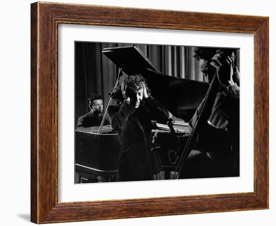 Singer Edith Piaf Holding Her Hands to Her Head While Performing with Pianist and Bass Player-Gjon Mili-Framed Premium Photographic Print