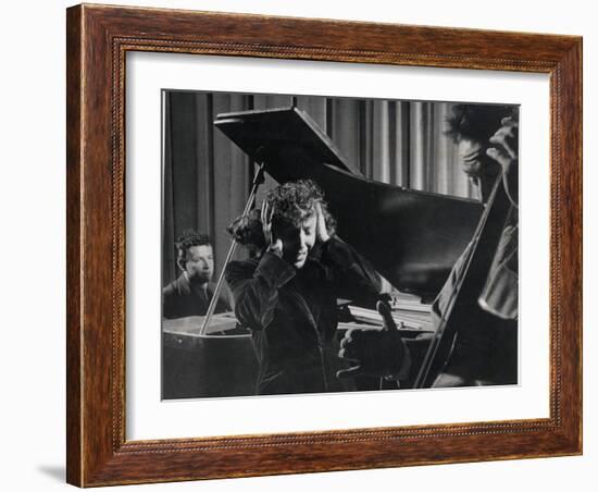 Singer Edith Piaf Holding Her Hands to Her Head While Performing with Pianist and Bass Player-Gjon Mili-Framed Premium Photographic Print