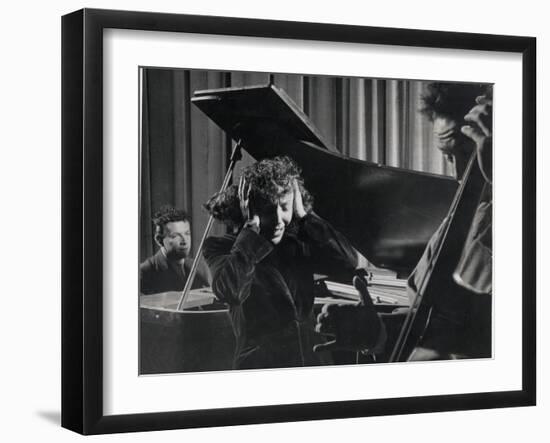 Singer Edith Piaf Holding Her Hands to Her Head While Performing with Pianist and Bass Player-Gjon Mili-Framed Premium Photographic Print