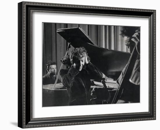 Singer Edith Piaf Holding Her Hands to Her Head While Performing with Pianist and Bass Player-Gjon Mili-Framed Premium Photographic Print