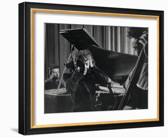 Singer Edith Piaf Holding Her Hands to Her Head While Performing with Pianist and Bass Player-Gjon Mili-Framed Premium Photographic Print