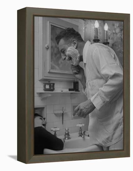 Singer Ezio Pinza, at Home with His Son, Singing and Shaving in the Bathroom-Nina Leen-Framed Premier Image Canvas