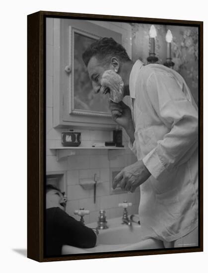 Singer Ezio Pinza, at Home with His Son, Singing and Shaving in the Bathroom-Nina Leen-Framed Premier Image Canvas